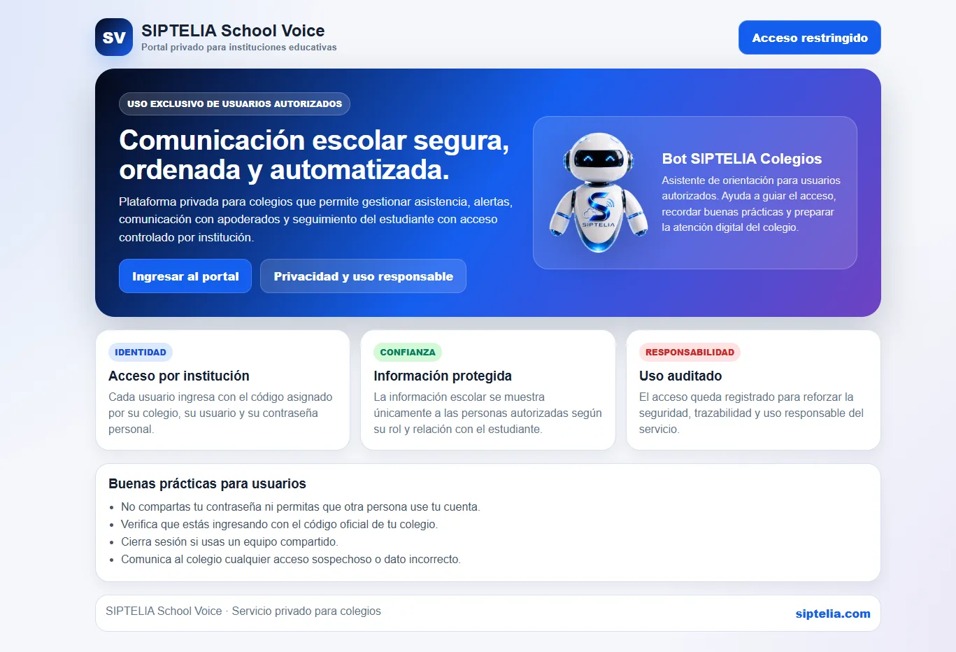 Portal privado SIPTELIA School Voice para usuarios autorizados por la institución