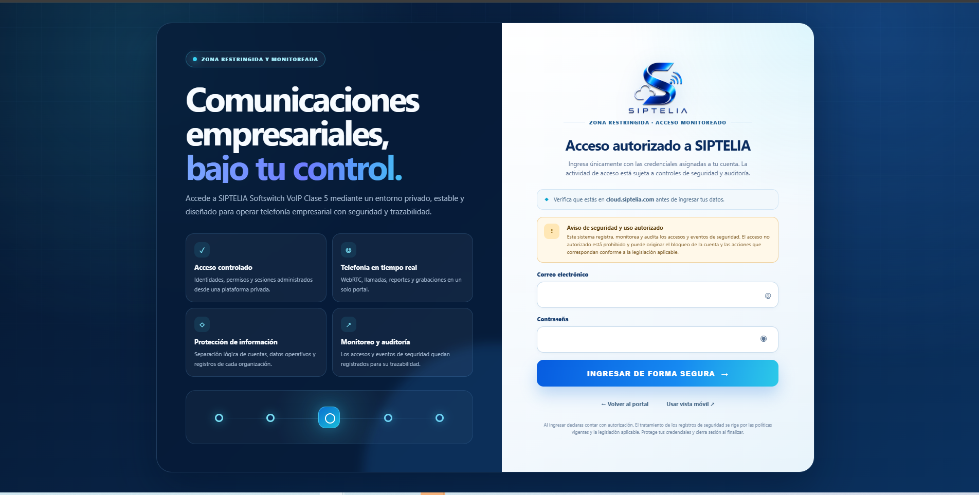 Pantalla de acceso seguro a la plataforma SIPTELIA PBX Cloud
