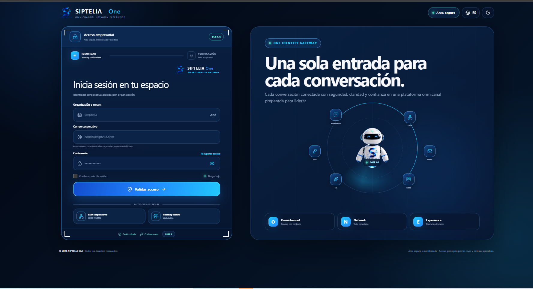 Pantalla de acceso empresarial de SIPTELIA ONE en modo oscuro